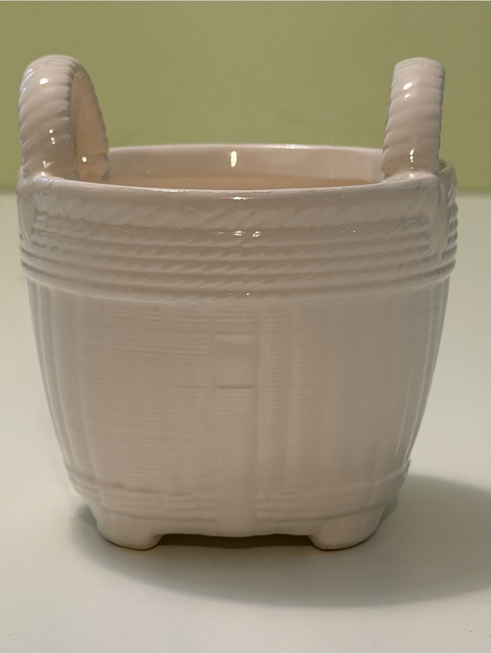 Vtg 1981 Nancy Lopez Ceramic Basket Weave Planter, White Glazed Art Pottery